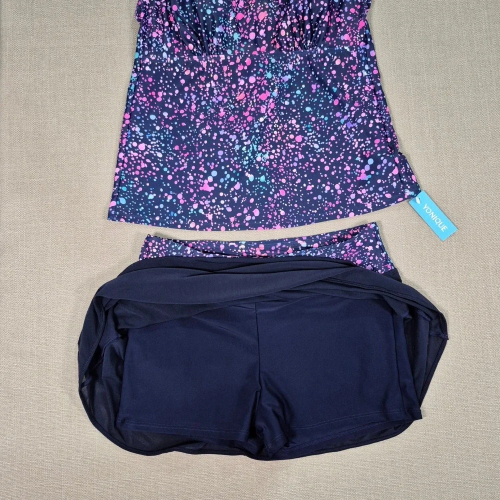 Yonique Womens Tankini Swimsuit Skirt Set Paint Splatter Navy Pink Size‎ M NWT